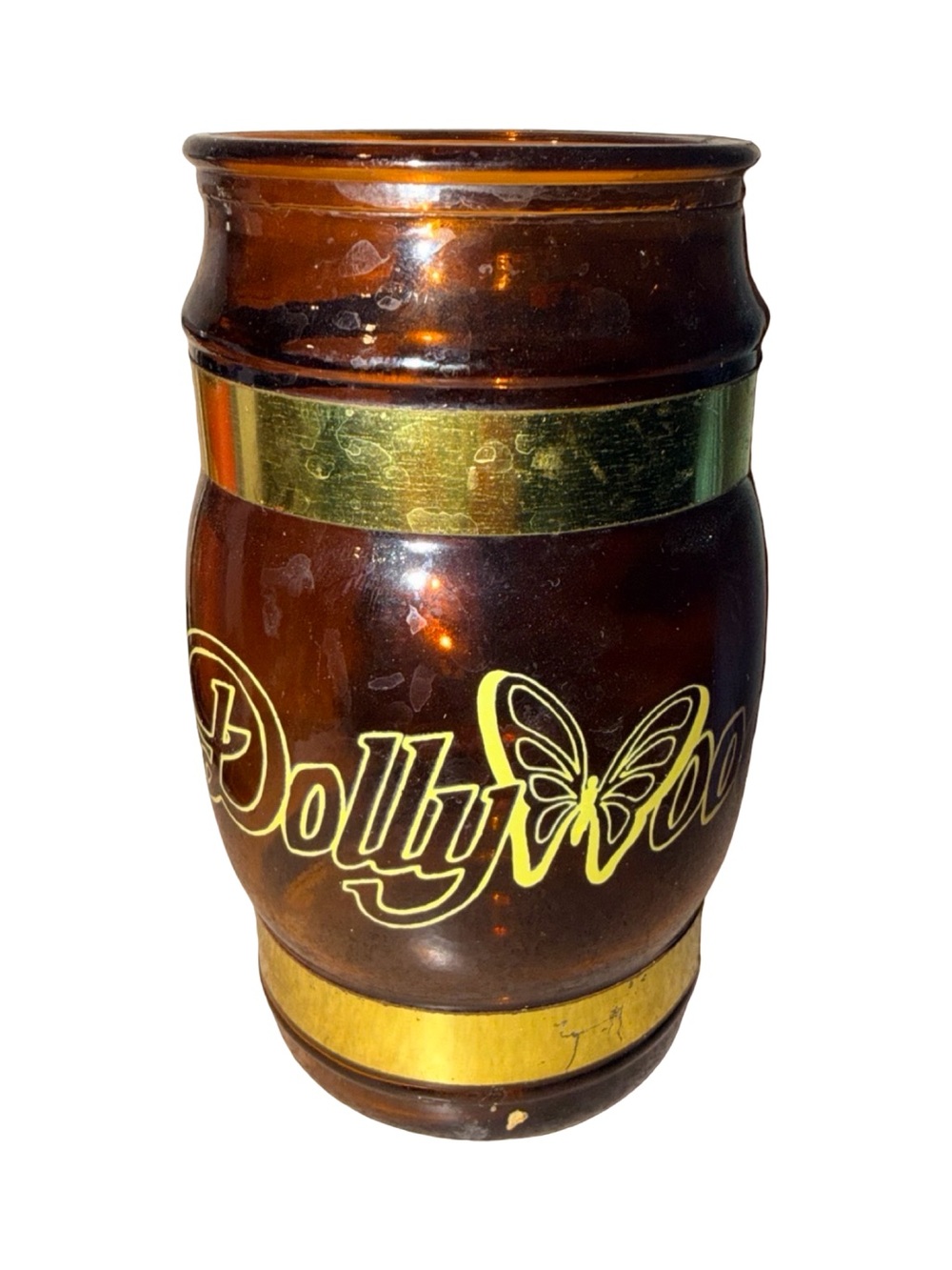 Vintage Dollywood Amber Brown Glass Barrel Mug Wood Handle Brass Bands